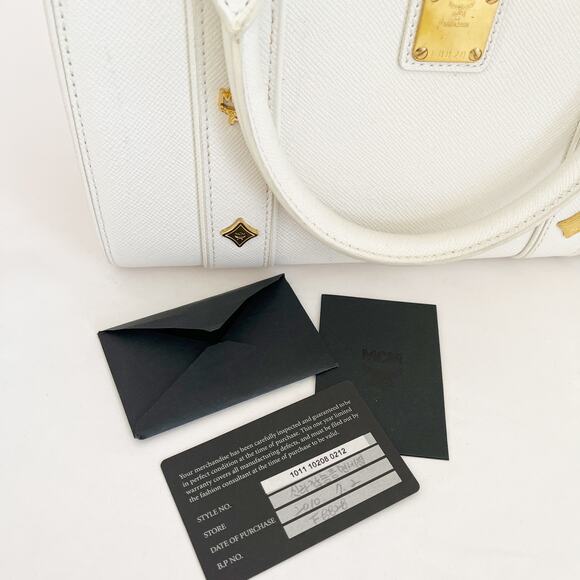 MCM White Leather Boston Bag Satchel Purse Gold Tone - Picture 7 of 15